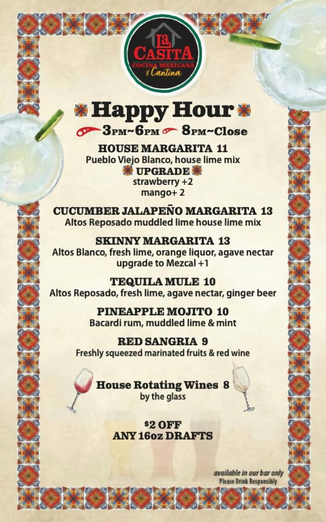 Happy Hour Menu La Casita Cocina Mexicana & Cantina