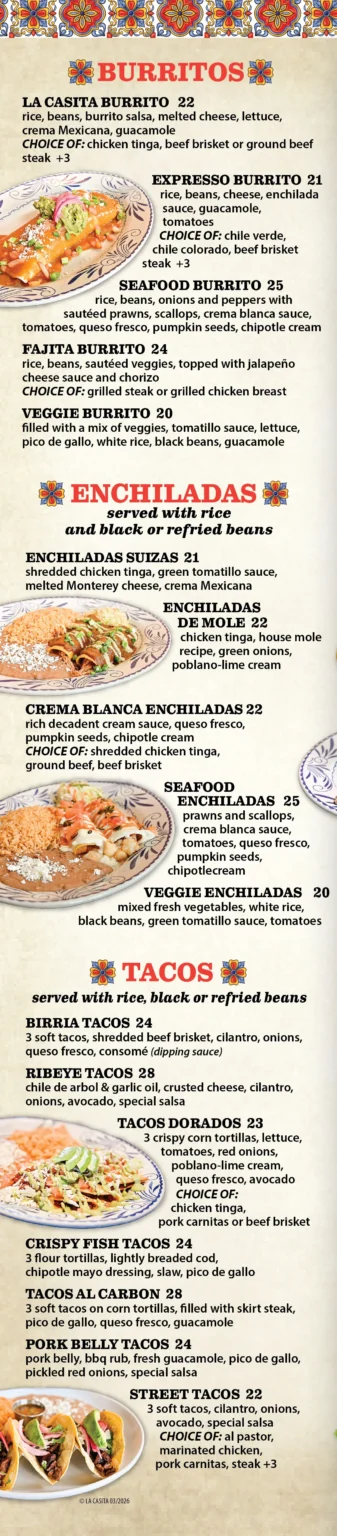 La Casita Sammamish printed burritos menu