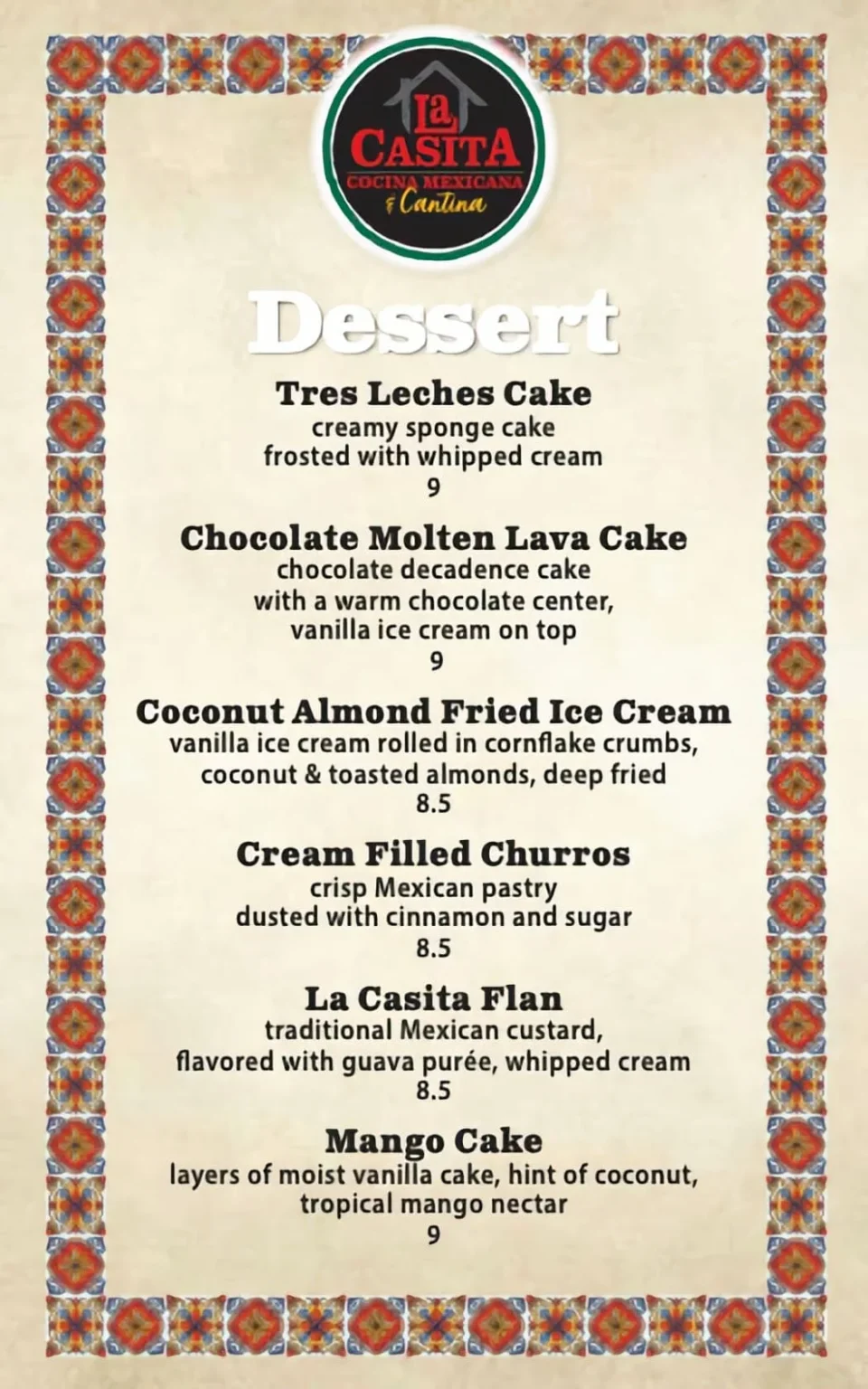 La Casita Sammamish printed dessert menu
