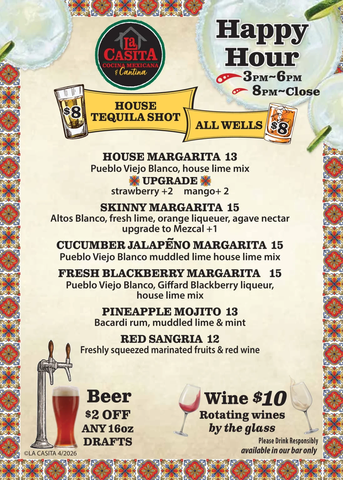 La Casita Sammamish printed happy hour drinks menu