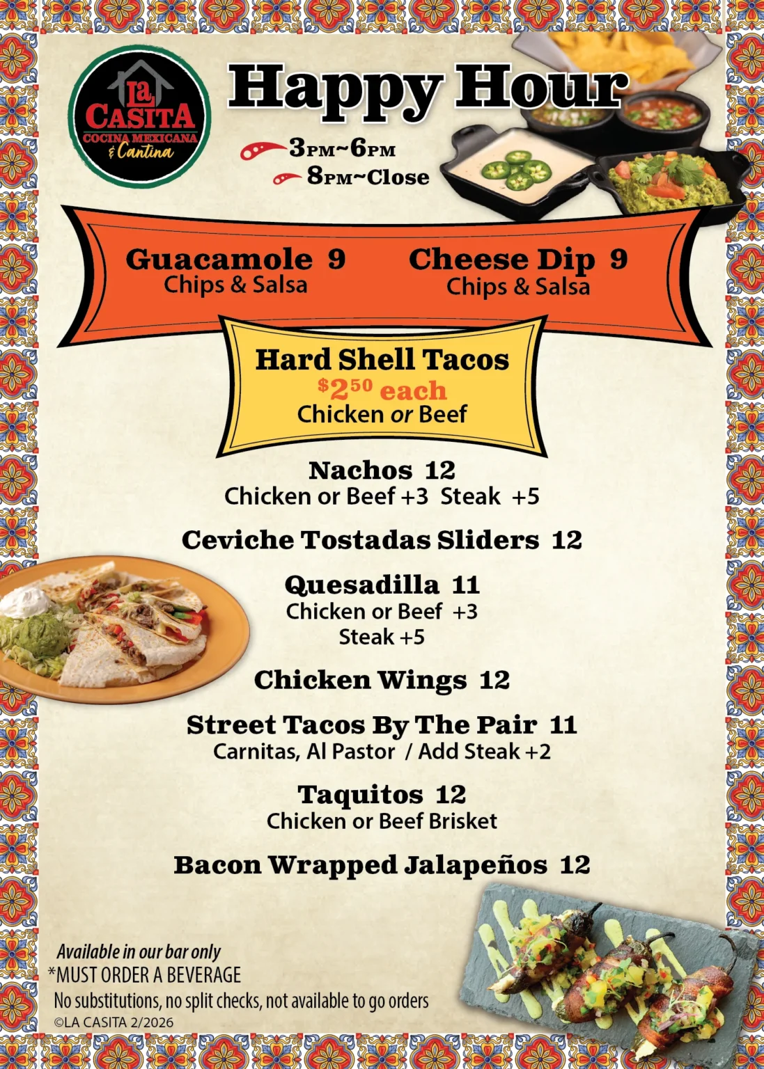 La Casita Sammamish printed happy hour food menu