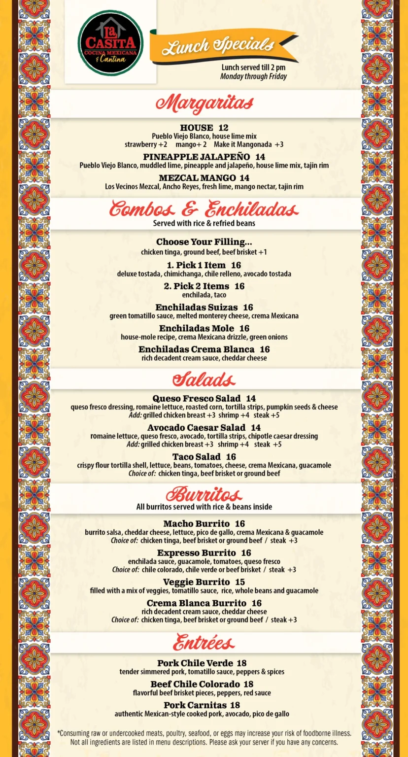 La Casita Sammamish printed lunch specials menu