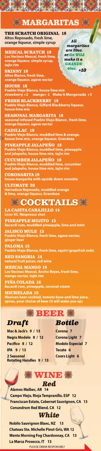 La Casita Sammamish printed margaritas menu