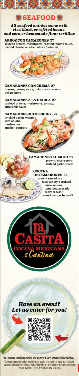 La Casita Sammamish printed seafood menu